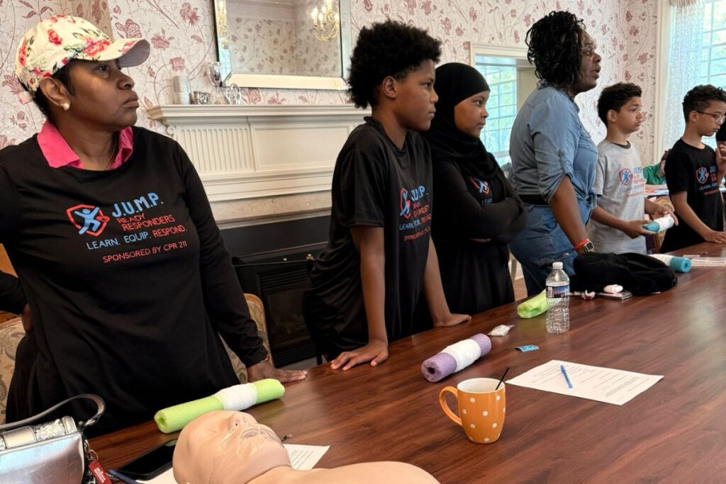Participants learning CPR, Stop the Bleed, and Narcan administration during JUMP’s Ready Responder Training Class on May 17, 2025.